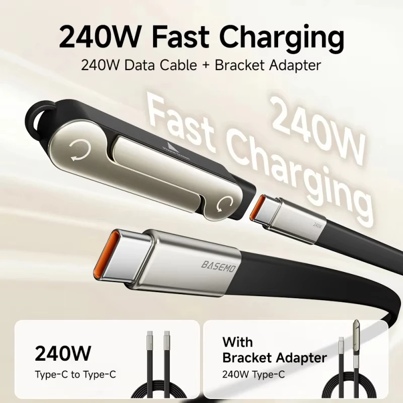 240W Liquid Silicone Type C To Type C Fast Charging Cable With Foldable Phone Stand OTG Adapter For iphone 17 16 15 Pro Samsung
