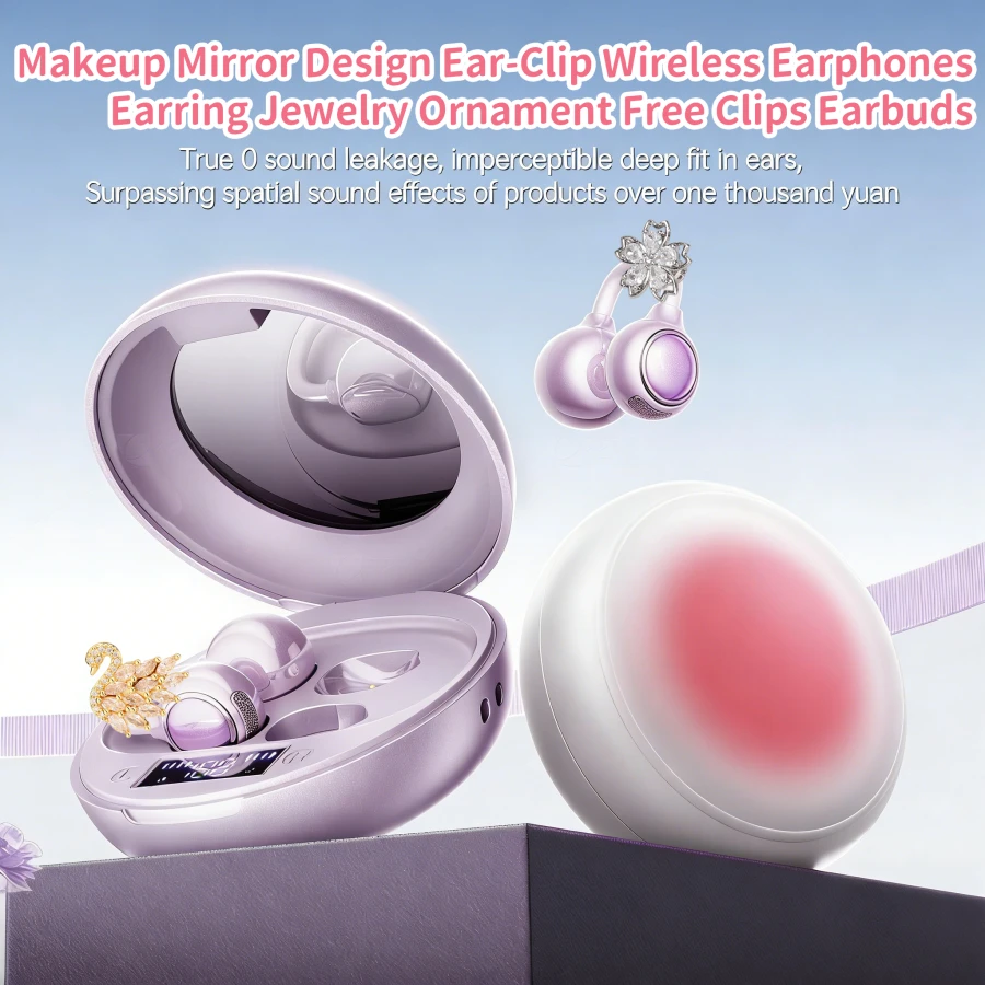 Makeup Mirror Design Ear-Clip Wireless Earphones Ornament Earring Jewelry Earbuds HiFi Sound Bluetooth5.4 Free Clips Headset