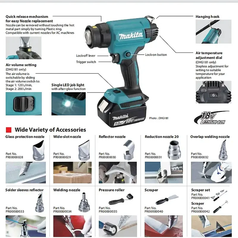 Makita DHG181 Cordless Heat Gun Rechargeable 18V LXT Lithium High Power Welding Thermal Blower Shrink Wrapping Tools Hot Air Gun
