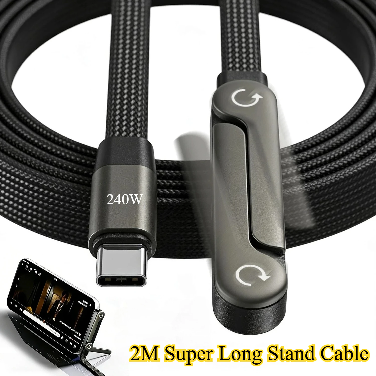 2m 240W Type-C To Type C Cable Elbow Fast Charging Data Cable Foldable Stand Phone Holder For iPhone 17/16/15 Samsung Charger