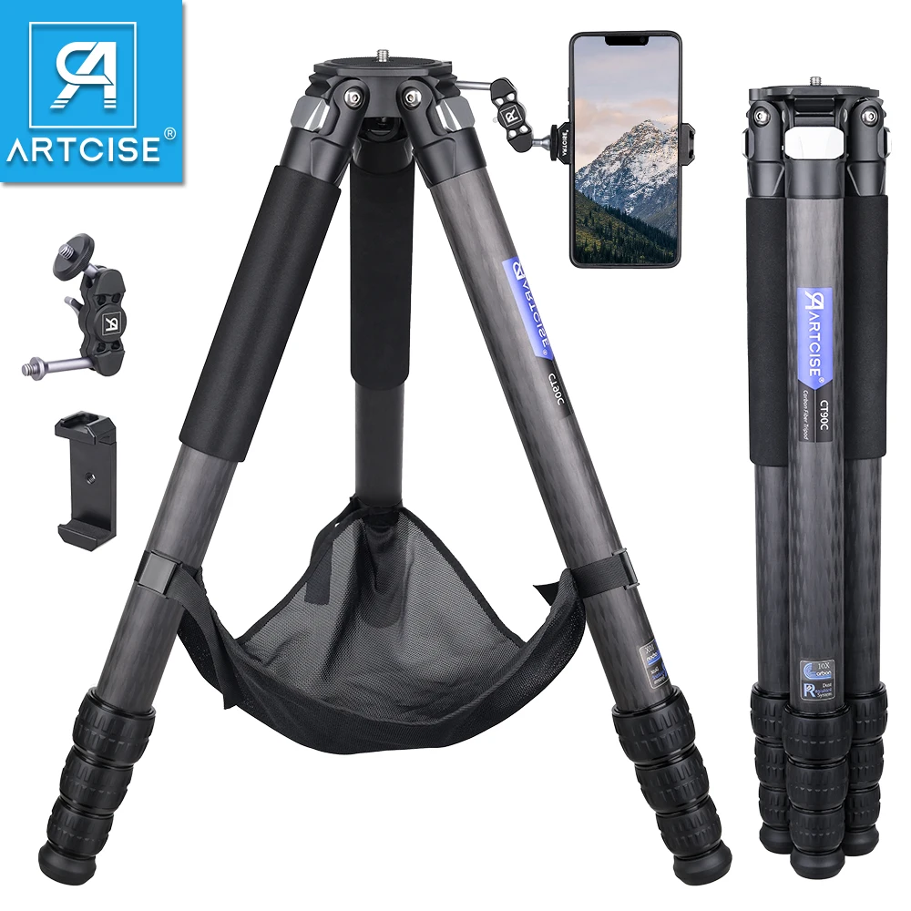 Compact Carbon Fiber Professional Travel Tripod with Stone Bag ARTCISE CT90C Heavy Duty for Camera DSLR Camcorder,Max Load 40kg