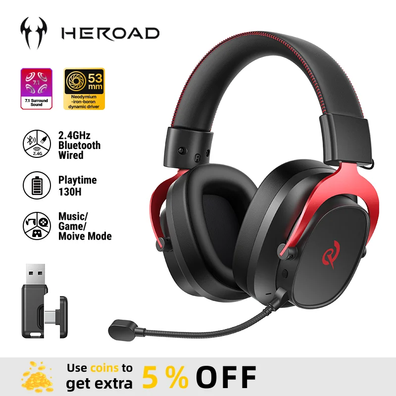 QCY Heroad VT200 Wireless Gaming Headset Detach Mic Over Ear Headphone Tri-Mode 7.1 Surround Sound for PC/PS4/PS5 Headset Gamer