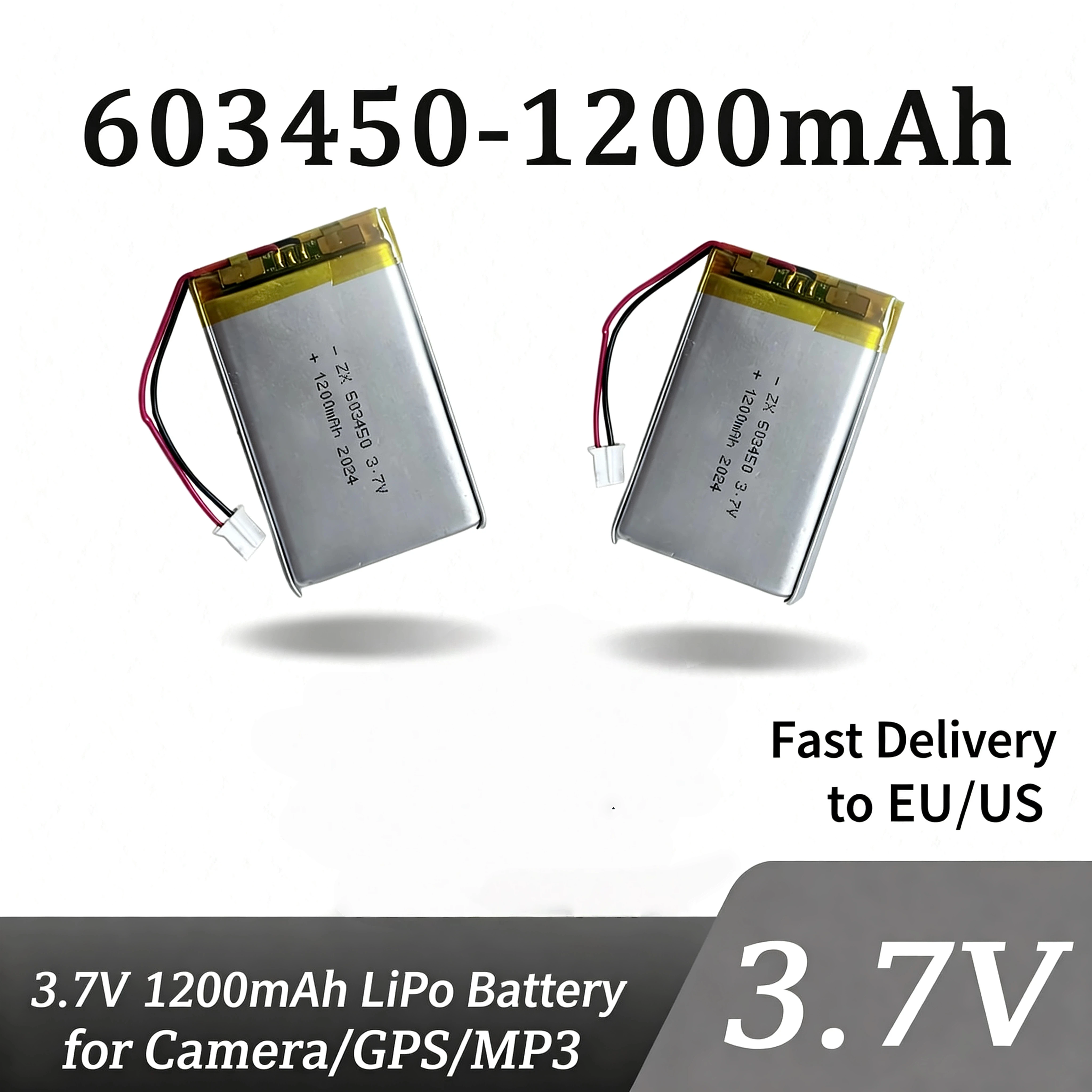 JST PH 2.0mm 2Pin Plug 3.7V 1200mAh 603450 Lithium Polymer LiPo Rechargeable Battery for Camera GPS Navigator MP3 Laptop PC