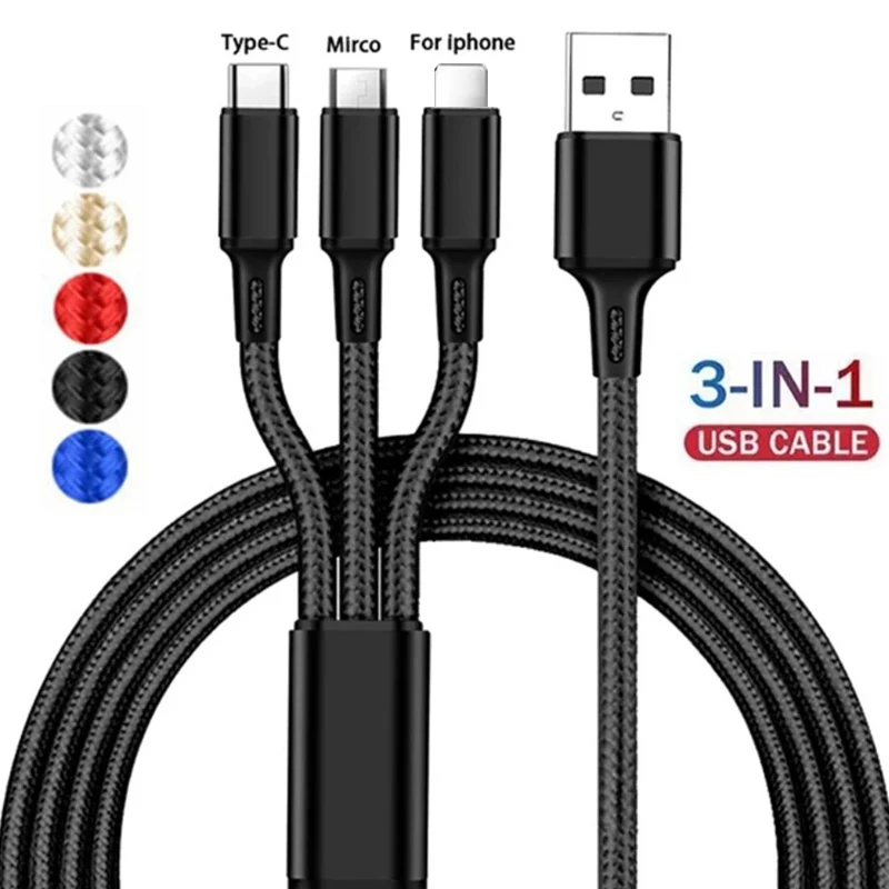 3 in 1 Fast Charging Type C Cable Micro USB for iPhone Charging Cable For Samsung Huawei Xiaomi Phone Charger USB Cable