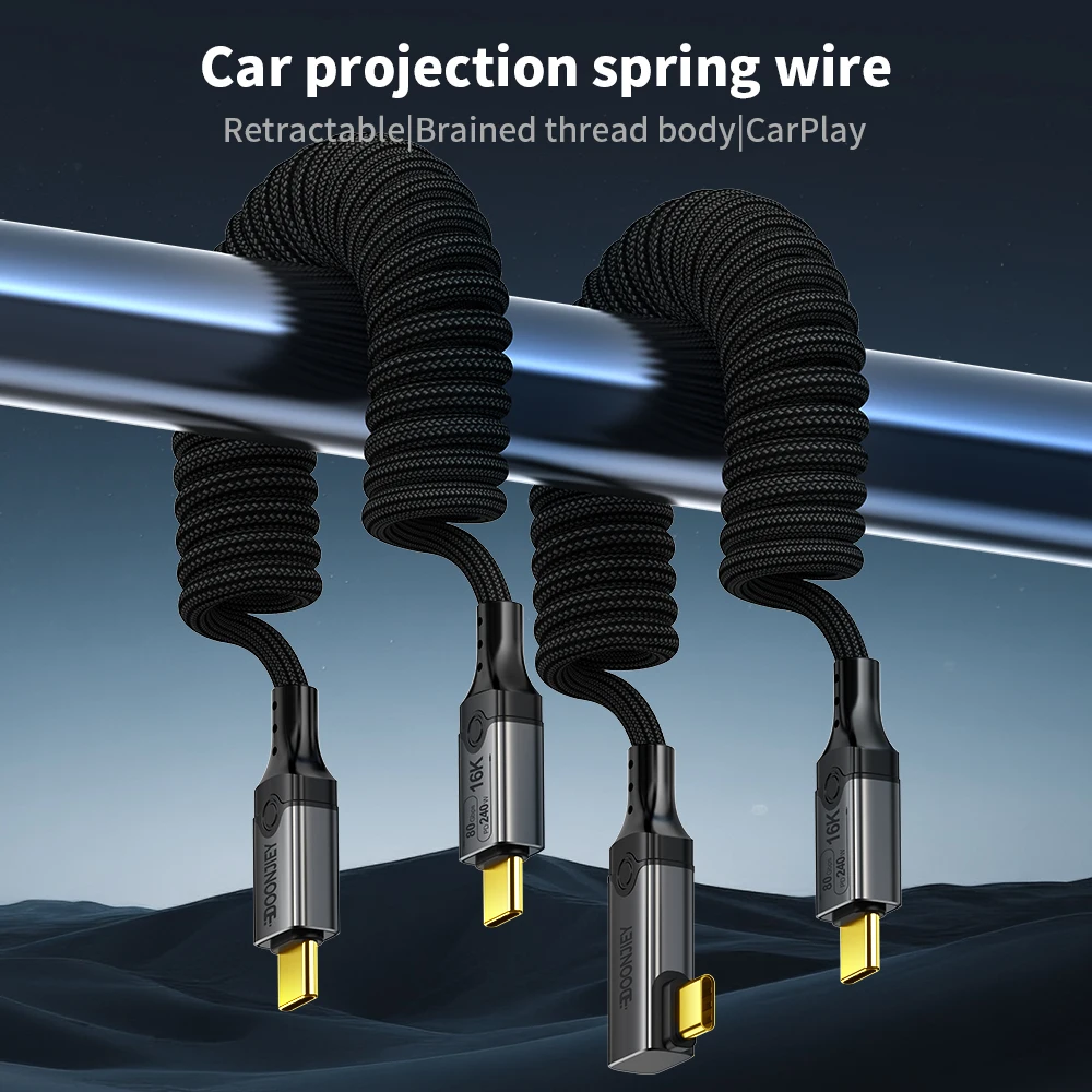 USB5 Type C Spring Cable PD 240W Fast Charging 80Gbps 16K@60Hz Display Thunderbolt 5 USB-C to USB C Cable For Car iPhone