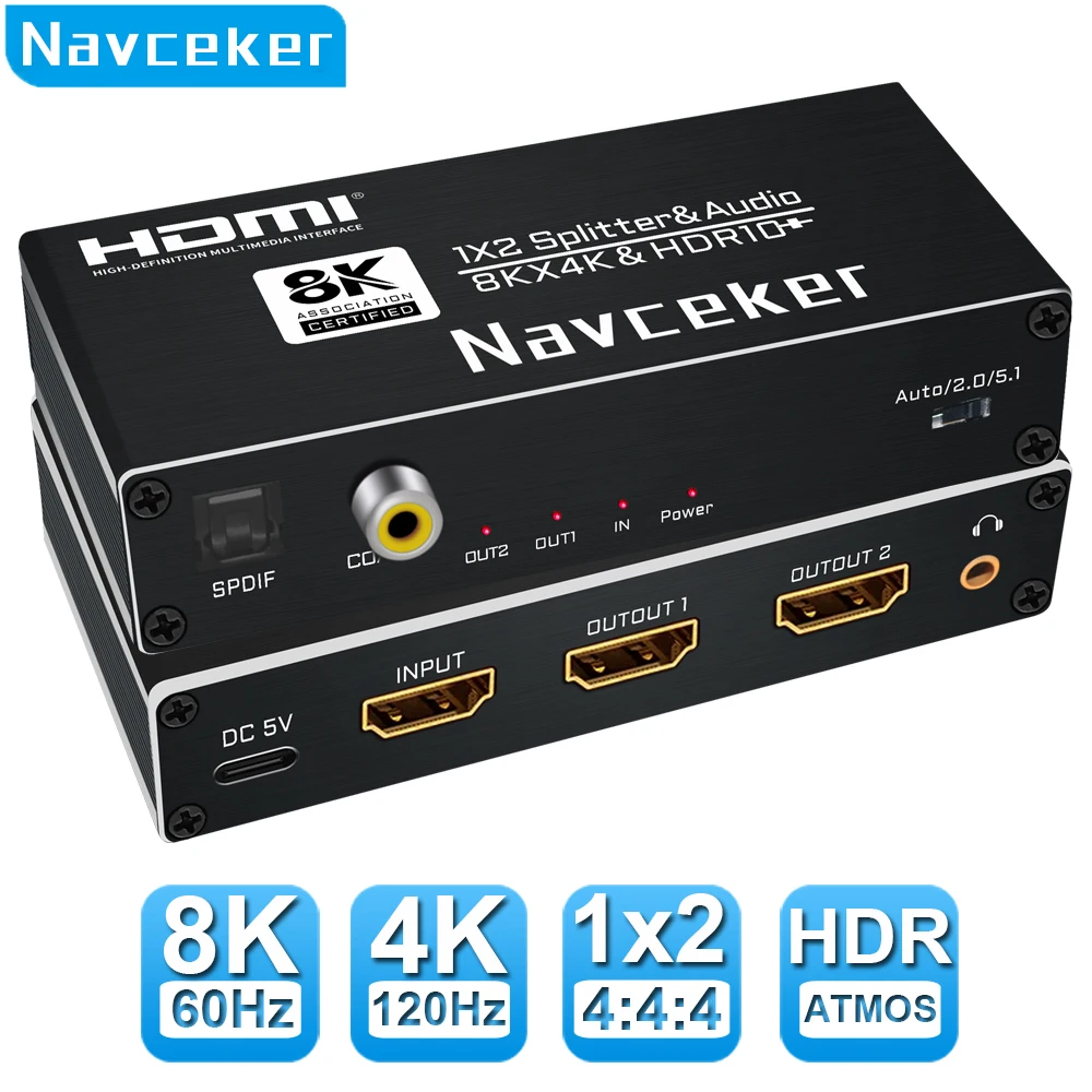 2025 Best 8K HDMI Splitter 1x2 4K 120Hz 1 in 2 out HDMI Audio Extractor HDMI to Optical Converter for Laptop Apple TV XBox PS5