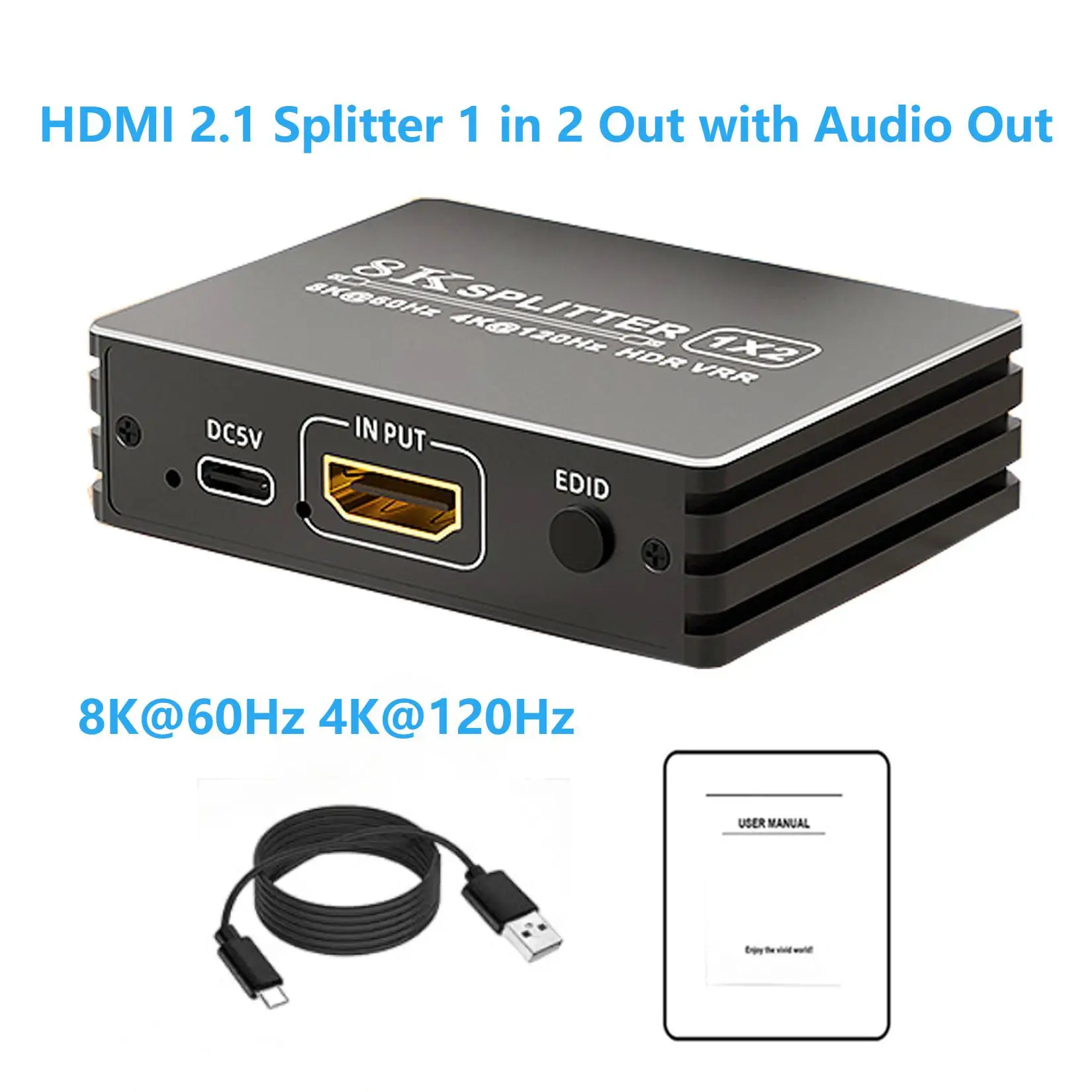 HDMI2.1 Splitter 1 in 2 Out 8K@60Hz with Audio Out,1x2 HDMI Y Splitters Powered Plug&Play Support HDCP2.3 HDR for PS5/Xbox/PC/TV