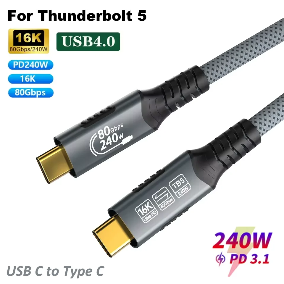 16K Thunderbolt 5 Cable PD240W USB-C to Type-C Fast Charging Cable 8K@60Hz USB4.0 80Gbps Data Transfer Cord For iPhone 17 Laptop