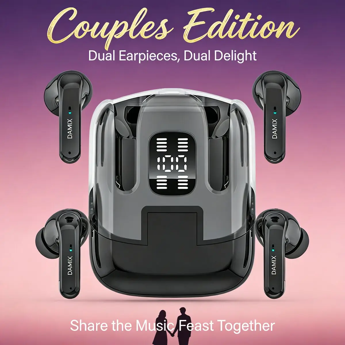 DX16 Couple TWS Wireless Earsets (2 Pairs) Backpack-Style Design Digital Battery Display Ultra-Long Life Transparent Space Case