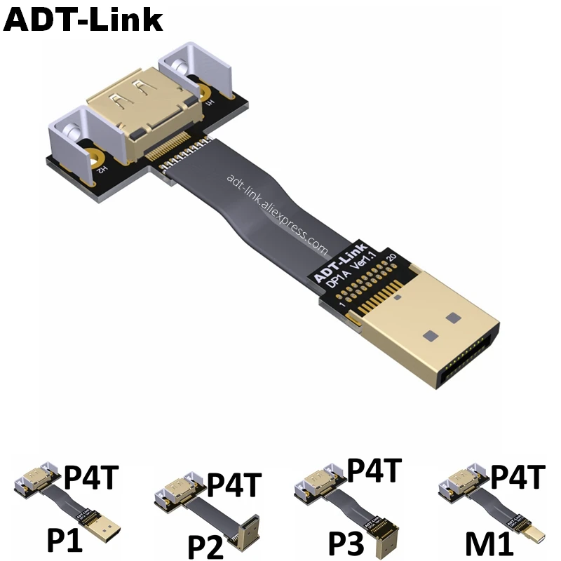 DisplayPort Ribbon Extension Cable Male-Female Flat EMI shielding FPC Cable DP 90 degree Angle Connector With mounting bracket