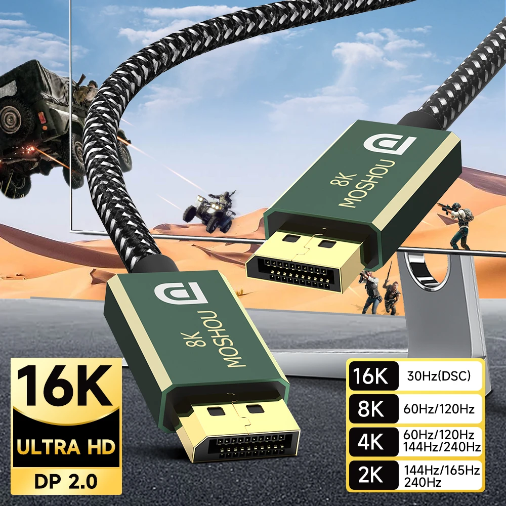 MOSHOU DisplayPort 2.0 Cable DP 2.0 Cable 16K@30Hz 8K@60Hz 80Gbps HDR Video Display Port 2.0 Cord FreeSync G-Sync Gaming Monitor