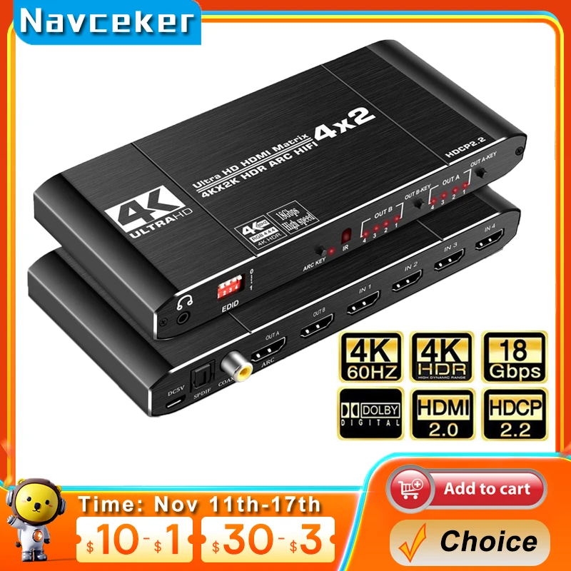 2026 4x2 Matrix Switch Splitter with SPDIF and L/R 3.5mm HDR HDMI-compatible Switch 2x2 Support HDCP 2.2 ARC 3D 4K@60Hz for PS5