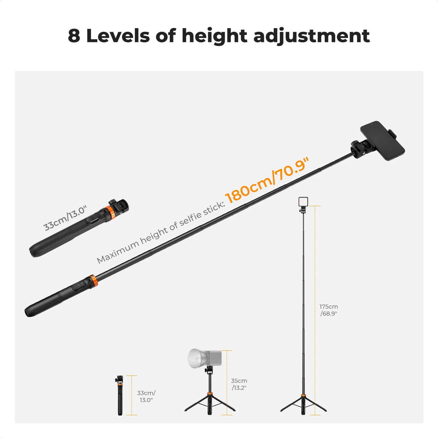 K&F CONCEPT 69''/175cm Iphone Selfie Stick Tripod Compact Phone Holder Remote Control Light Stands Tripod for Phone GoPro Camera