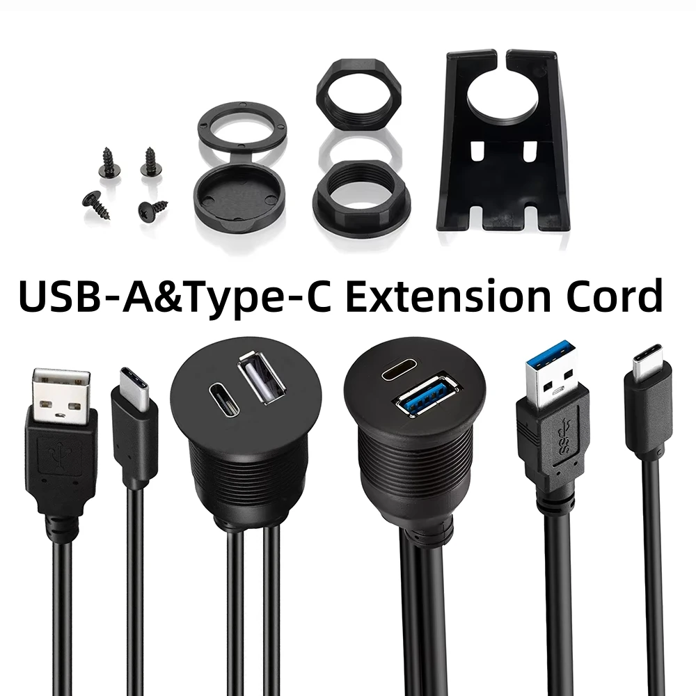 USB 2.0 A&Type-C USB3.0 A&Type-C 2.0/3.0/3.1 Extension Cord for Car Truck Boat Motorcycle Dashboard Panel Mount Flush Cable 1M