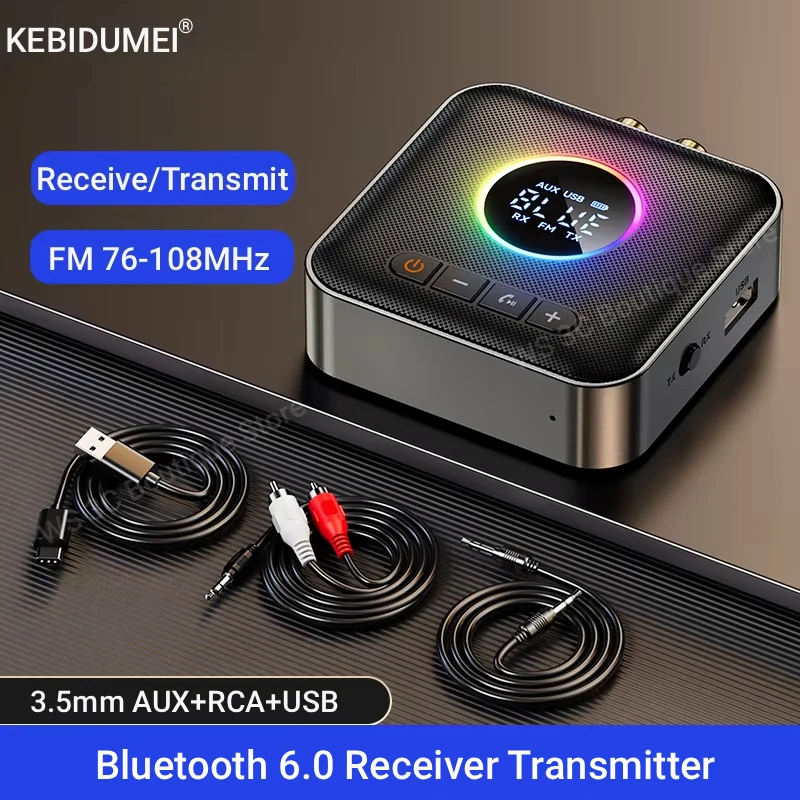 Bluetooth 6.0 Transmitter Receiver FM Modulator Transmitter 3.5MM AUX RCA Stereo Music LED Display Wireless Adapter With Mic