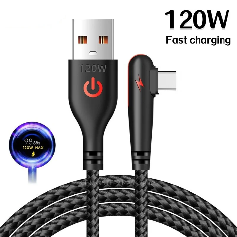 120W USB Type C Cable 90 Degree Elbow Mobile Phone Fast Charging For Huawei Mate 60 50 40 30 Xiaomi Samsung Charger Data Wire