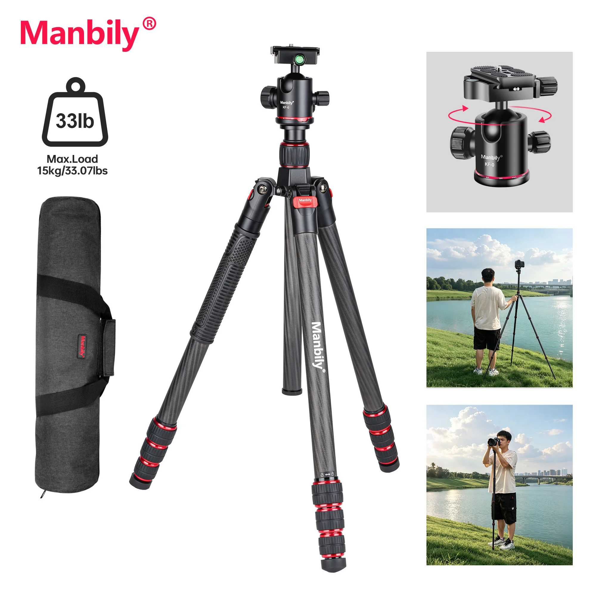 Manbily MC-284 Carbon Fiber Professional Camera Tripods Lightweight Photography Travel Tripod Max.Load 15kg/33.07 lbs