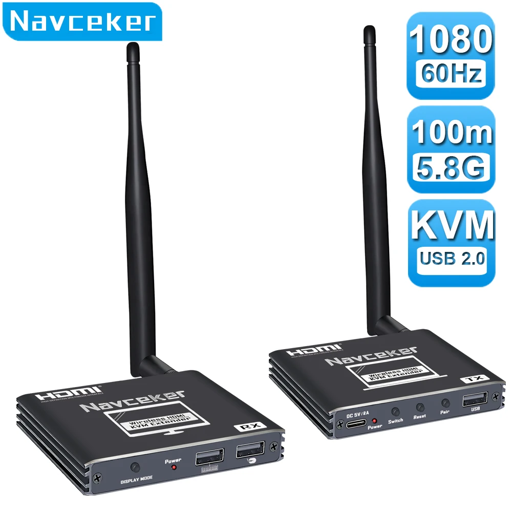 Wirelss USB C Transmitter Receiver with KVM 1080P 100M Wireless HDMI Extender Transceiver for Laptop PC to TV Monitor Projector