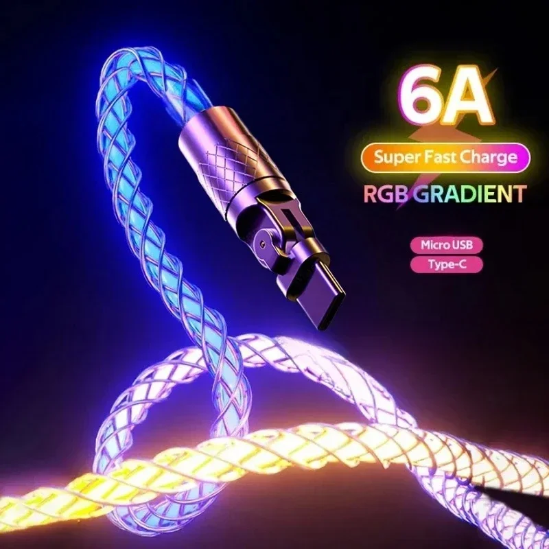 6A 120W RGB Super Fast Charging Date Cable Colorful Glowing Line for Samsung Huawei Xiaomi Vivo Oppo Type-C USB Cables