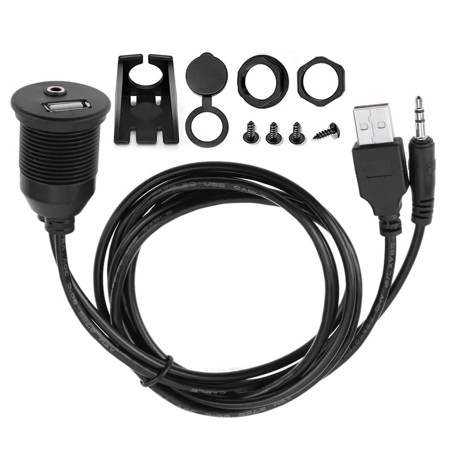 1M USB & 3.5mm AUX Male to Female Extension Cord Dashboard Mount Flush Panel Cable for Car Truck Boat Motorcycle Waterproof Cord