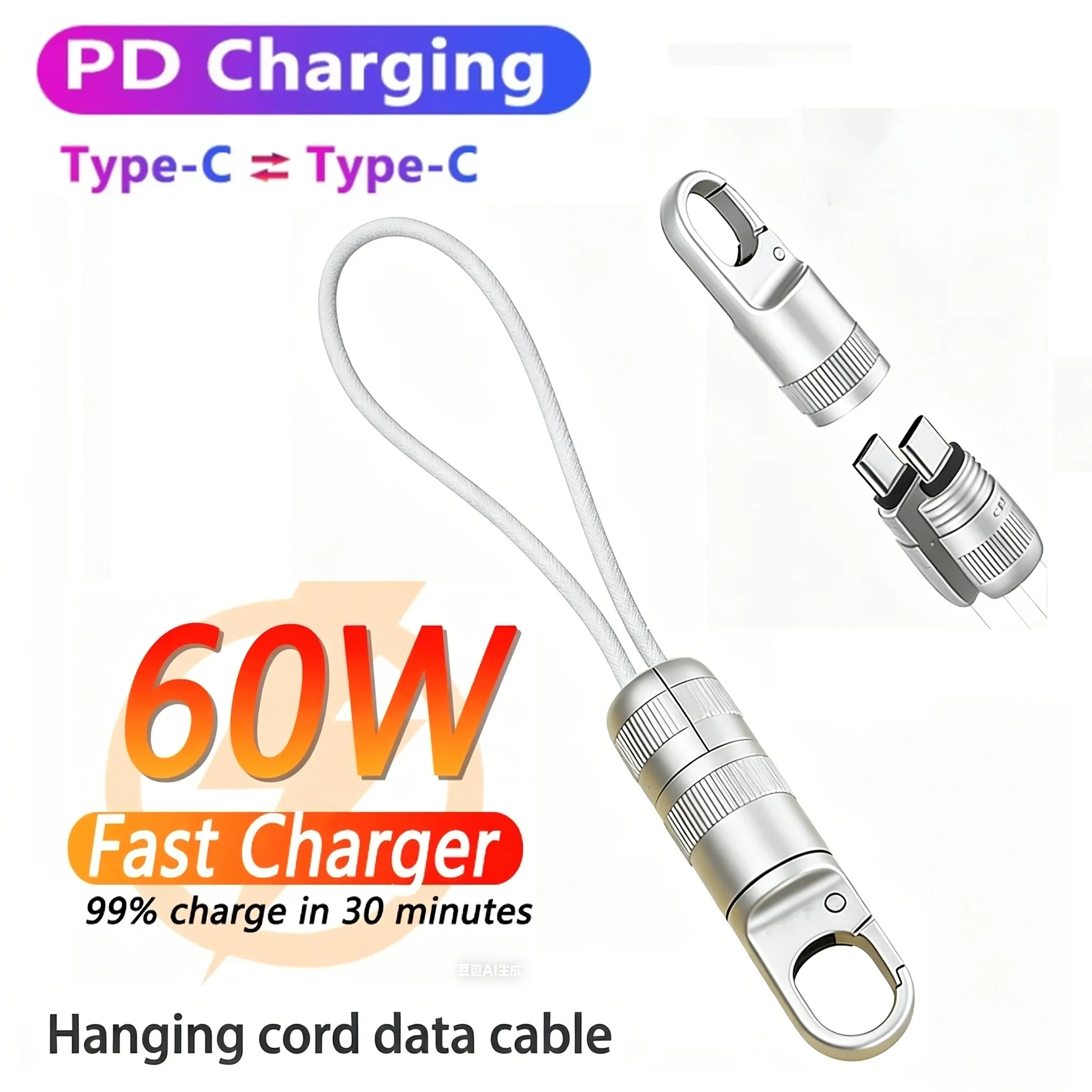 60W Short USB C To USB C Fast Charging Cable Keychain Short Line Laptop Tablet Charging Cable Type-C to Type-C for  iPhone Pro