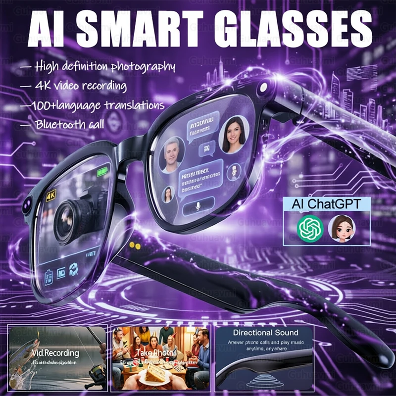 2026 New Portable AI Smart Glasses 800W Ultra HD Camera 4K Video 100+Languages Translator Bluetooth Call Music Player Sunglasses