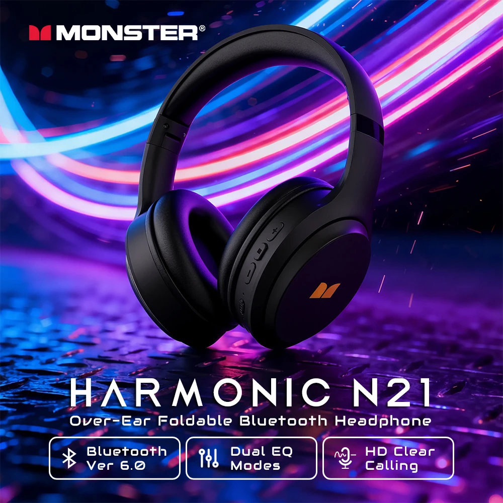 Monster Harmonic N21 Bluetooth 6.0 Headphones Dual EQ Mode Immersive Stereo Earphone Over-Ear Foldable Wire/Wireless Headset