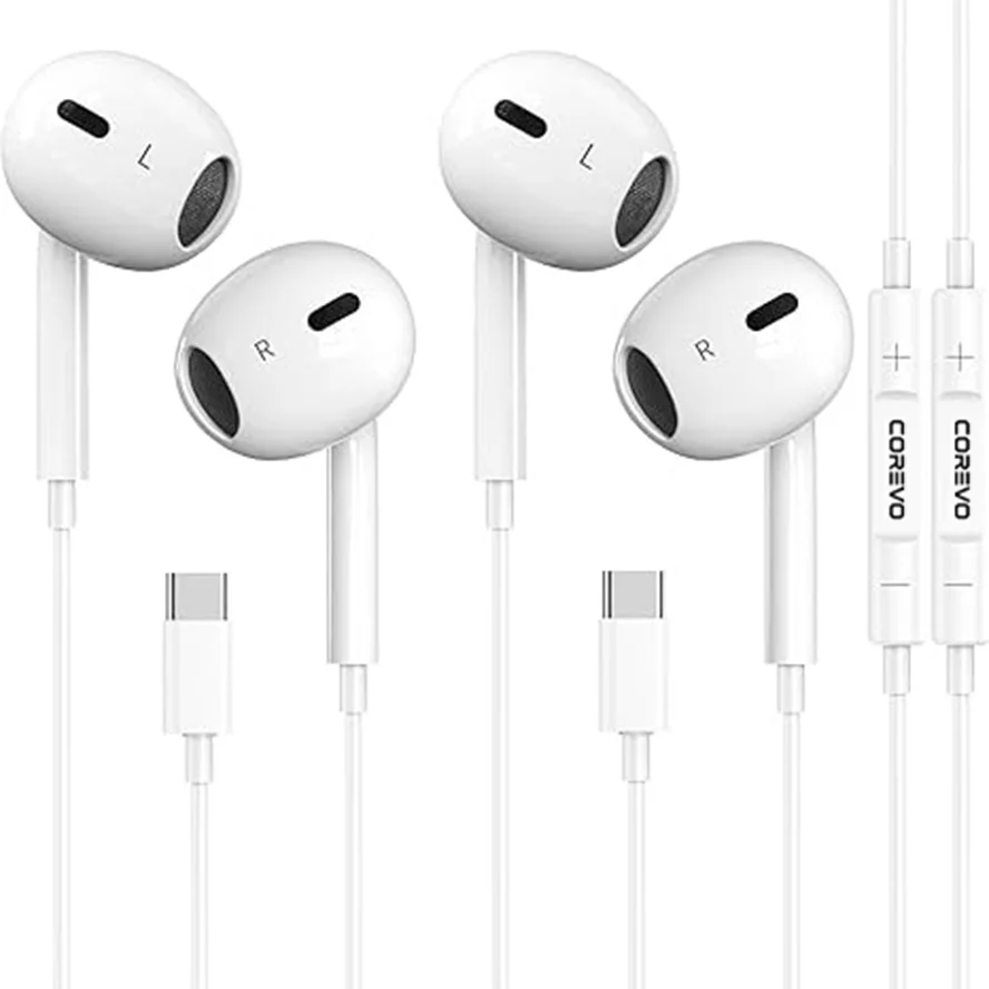 2 Packs USB C Wired Earbuds, Noise Cancelling Type C Headphones with Mic & In-line Control. Lightweight semi in-ear design deliv