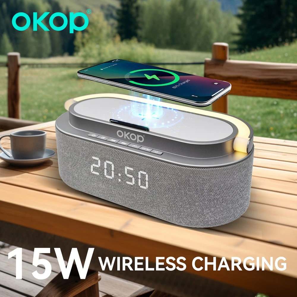 OKOP Bluetooth Speakers,6 in 1 Multi-function,Alarm Clock, Wireless Charger RGB Night Light , Audio,portable Speaker,White Noise