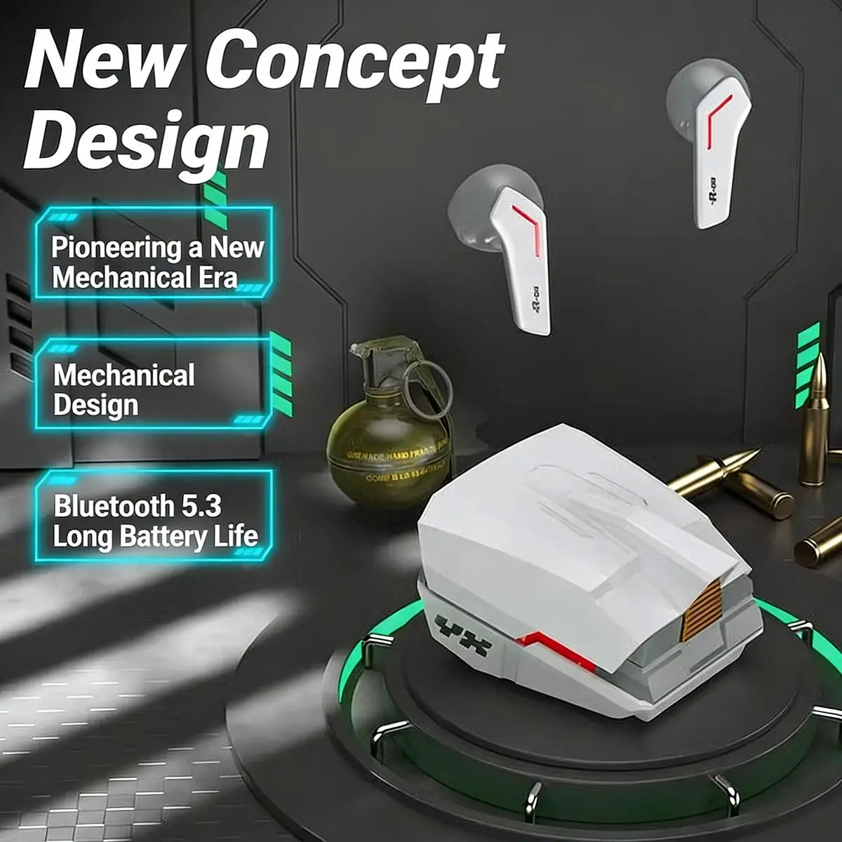 New Cool Tech-Inspired Mecha Gaming Headset Bluetooth Wireless Noise Reduction Long Battery Life HiFi Bass for Gamer PC Laptop