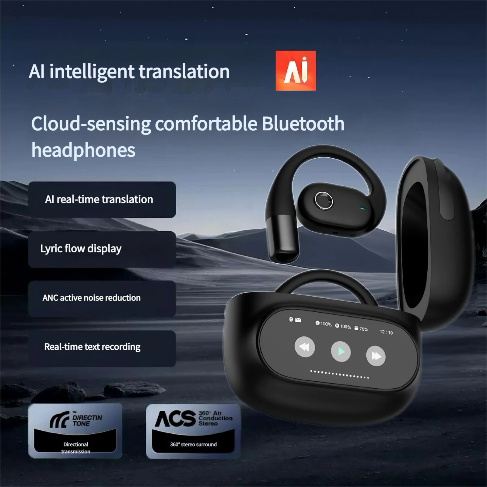 Color Touch Screen Smart Ai Translation Bluetooth Earphones Multi-Languages Simultaneous Interpretation Noise Reduction Earbuds