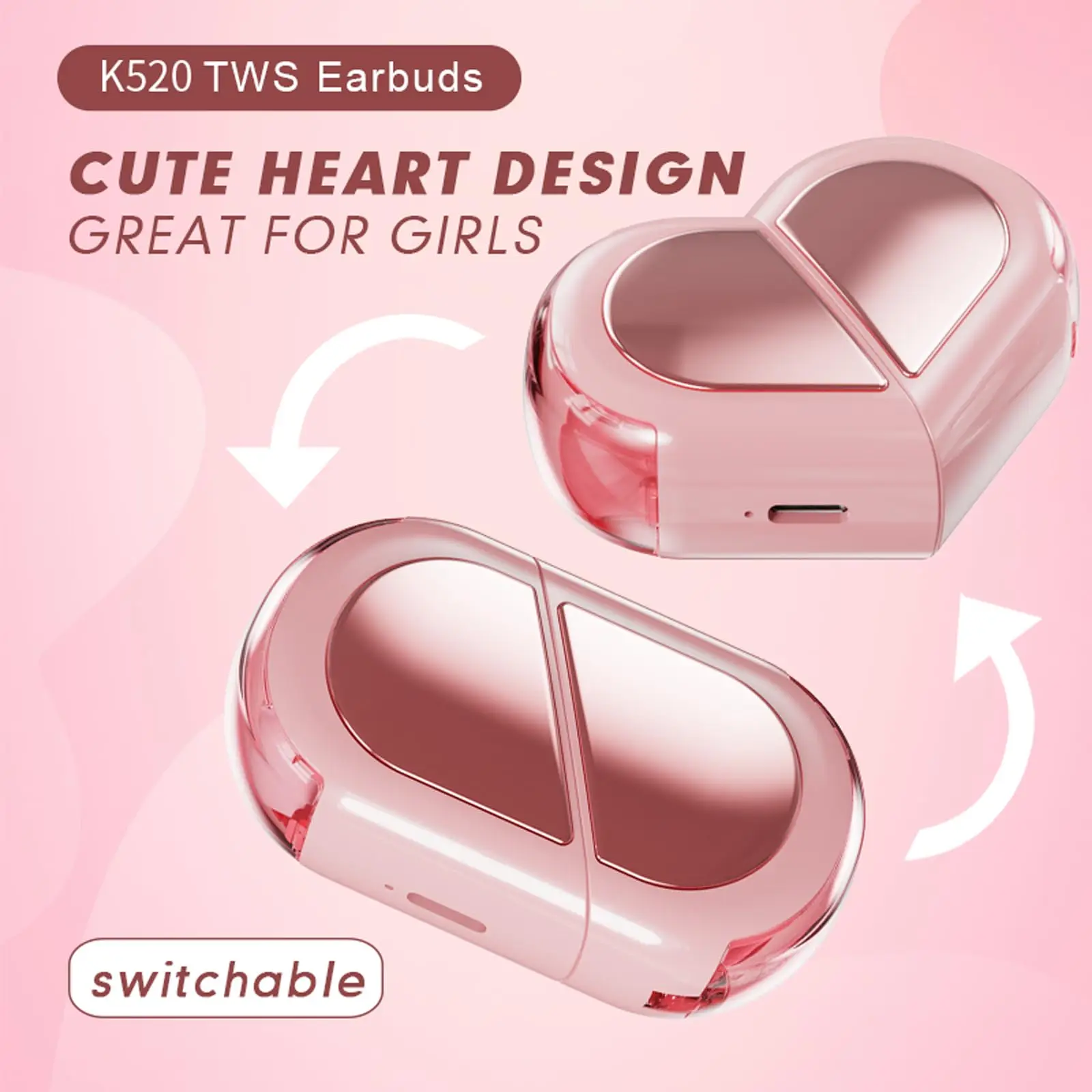 Pink Heart Wireless Earphones Cute Invisible Women Rose Gold Bluetooth Earbuds Kawai Buds for iPhone Android Girls Kids Lovers