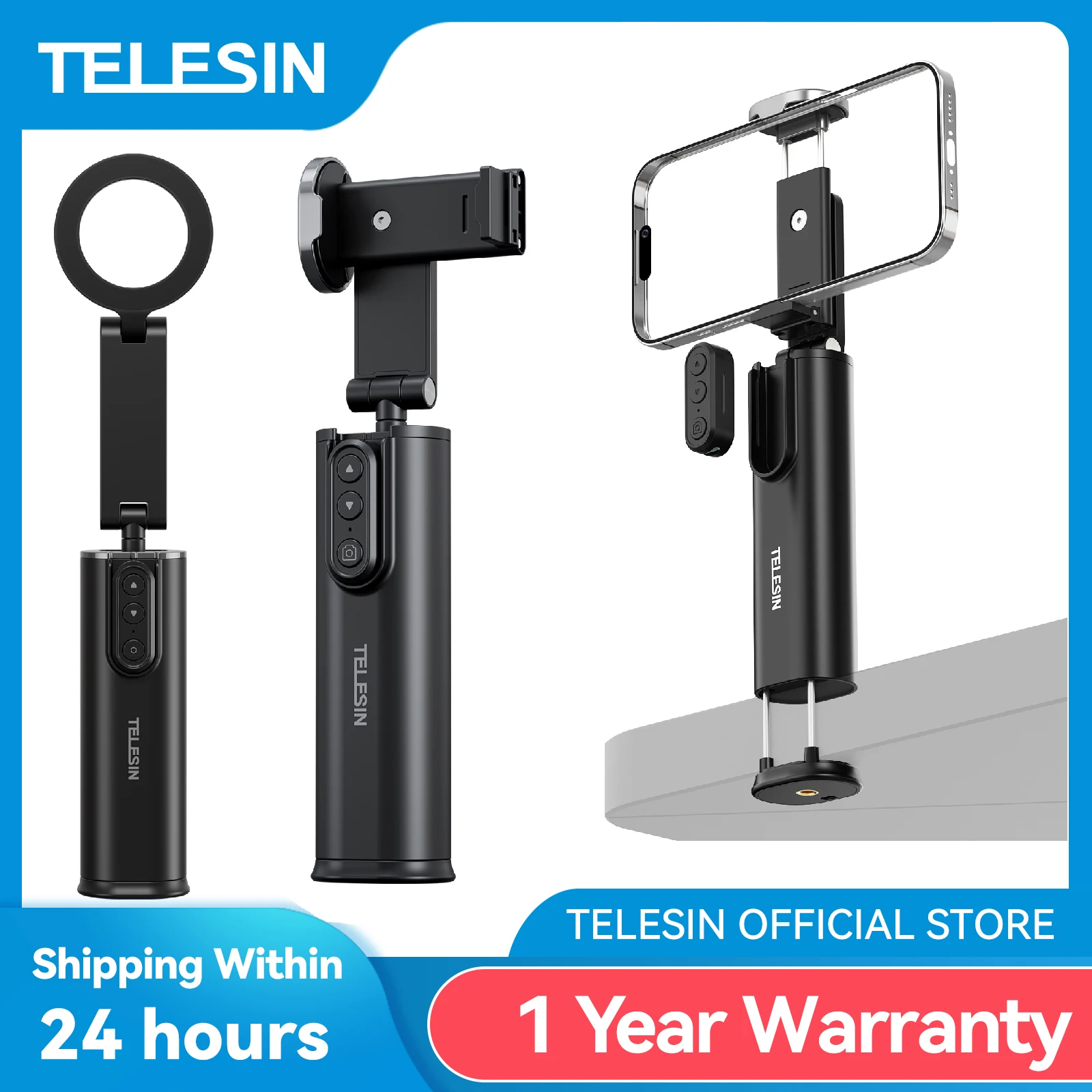 TELESIN 3 in 1 Selfie stick Phone Holder Wireless Remote Control Travel Clamp Magnetic 360° rotation Holder For Smart Phone