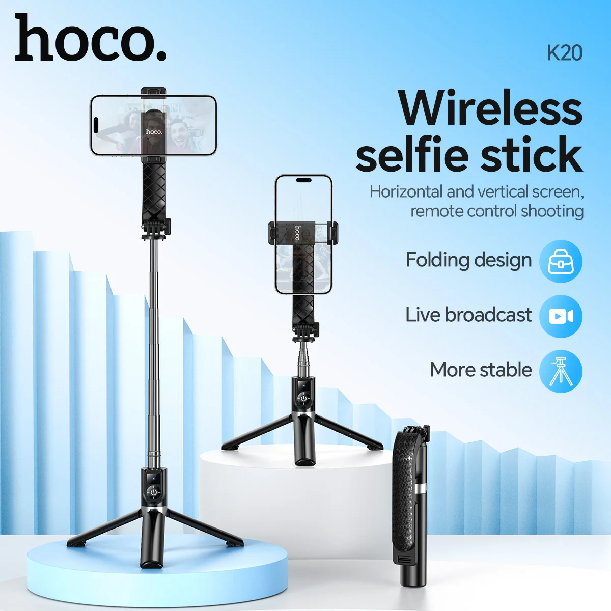 HOCO K20 Stainless Steel Live Broadcast Holder Wireless Selfie Stick Bluetooth 4.2 Remote Extendable Tripod Travel Phone Holder