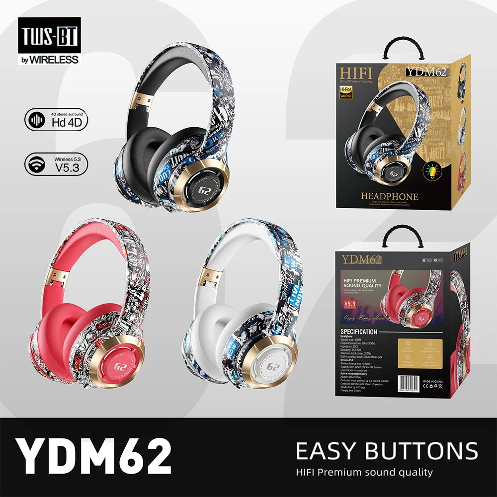 YDM62 Wireless Bluetooth Headphones Over Ear HiFi Stereo Foldable Lightweight Headset Supports TF Cards 3.5mm Type-C For XiaoMi