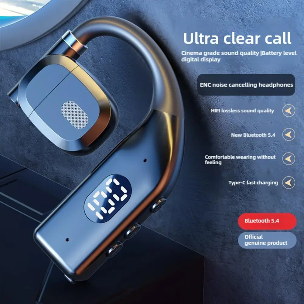 Bluetooth 5.4 Wireless Headphone 360° Rotation Business Headset With Mic LED Display Ear-hook Touch Control Sports Hifi Earphone