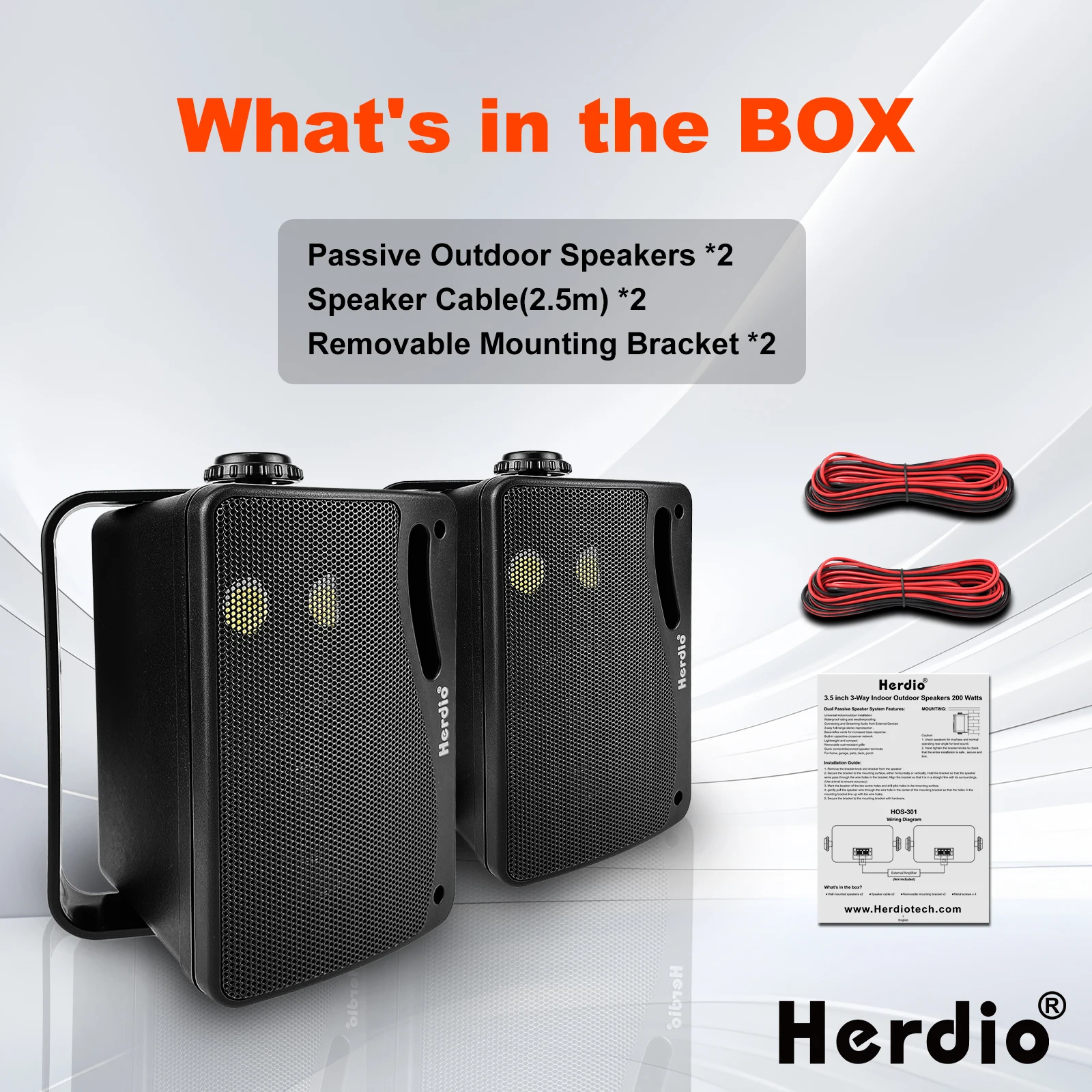 Herdio 2PCS 3.5'' Passive Outdoor Speakers Wired Waterproof 200W 3 Way Premium Mountable Wall Mount Speakers For Patio Boat Home