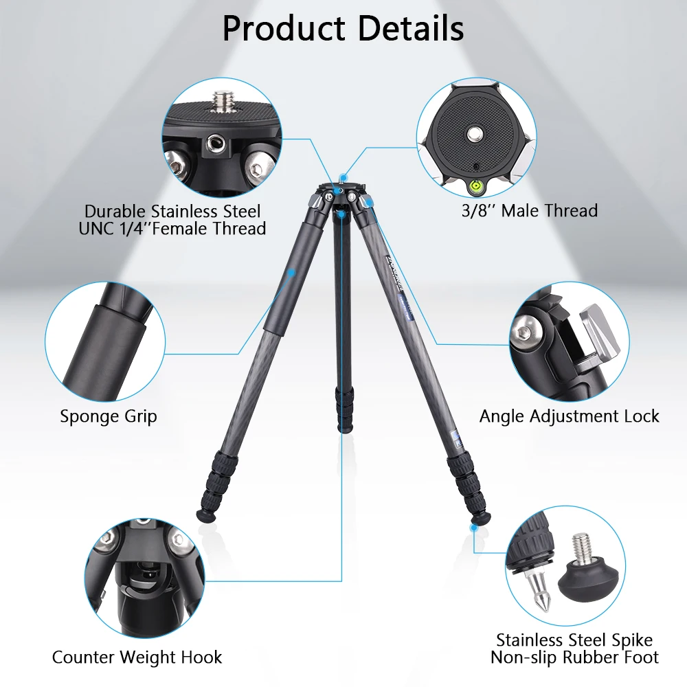 INNOREL CT284C Professional Carbon Fiber Tripod Travel Camera Stand with Stone Bag for DSLR Video Camcorder Max Tube 28.5mm