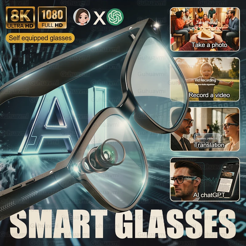 2026New AI Smart Glasses 8MP Ultra HD Camera 4K Video Record 100+ Languages Translator Voice Call Smart Sunglasses for Men Women