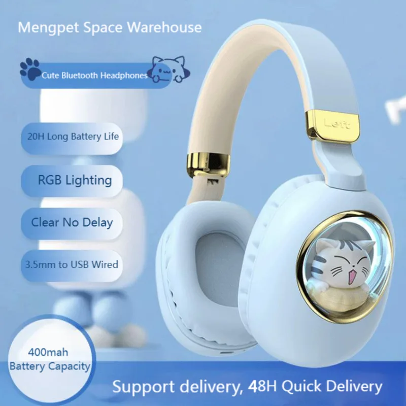 Wireless Bluetooth 5.3 Head Mounted Earphones RGB Glowing Cute Pet 3.5mm Wired Earphones with Mic Hifi Stereo Foldable Headset
