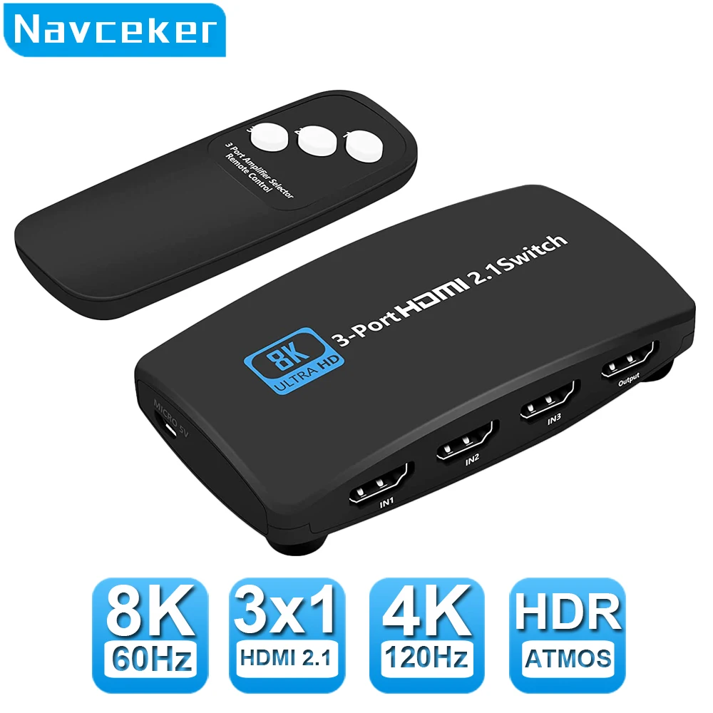 Navceker HDMI Splitter 8K 60Hz 4K 120Hz 3 in 1 out for TV Xiaomi Xbox Series PS5 HDMI Cable Monitor Projector HDMI 2.1 Switcher