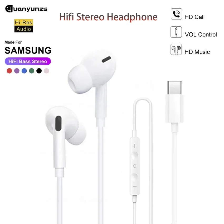 Original Type-C Wired Headphones for Samsung Galaxy S24 S23 S22 A53 A52 Note 20 3.5mm in-ear Earbuds USB -C Earphone Hifi Basstt