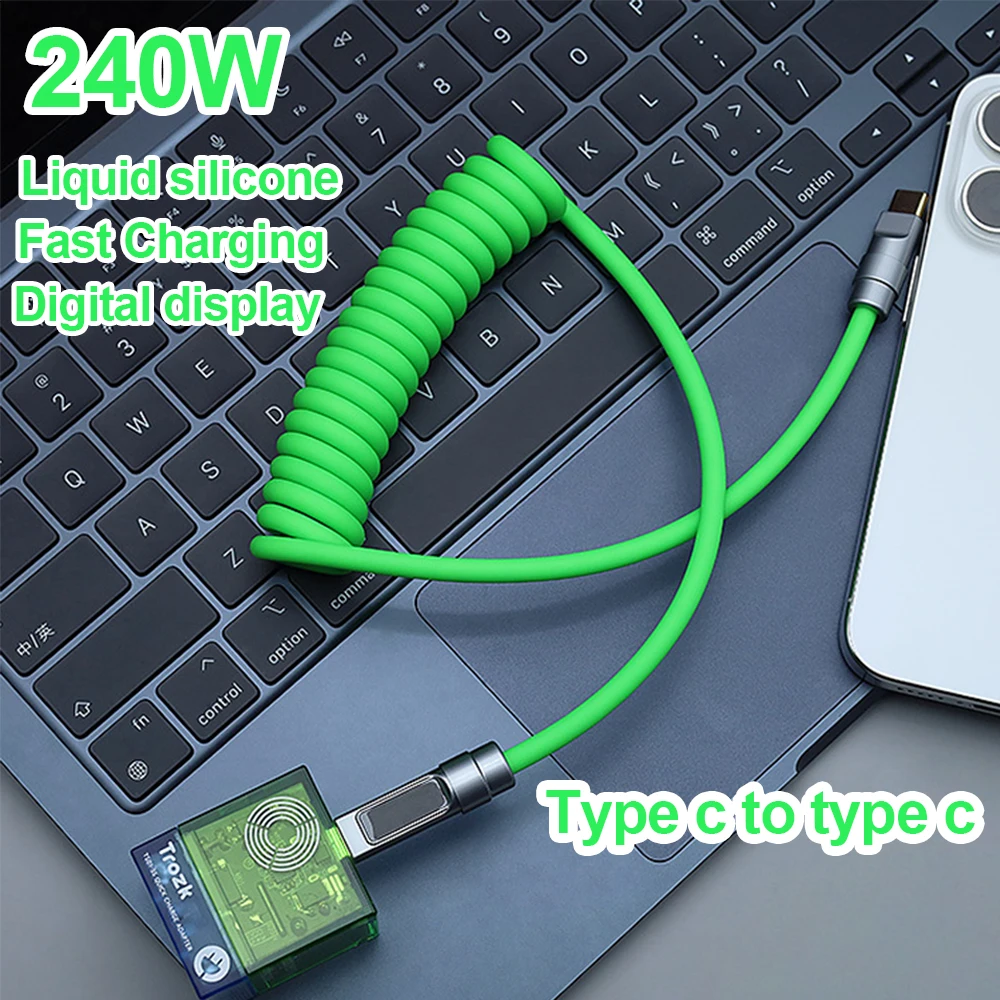 240W Spring Liquid Silicone Digital Display USB C To Type C Cable Fast Charging Cables For iPhone 15 16 17 Pro Laptop Samsung