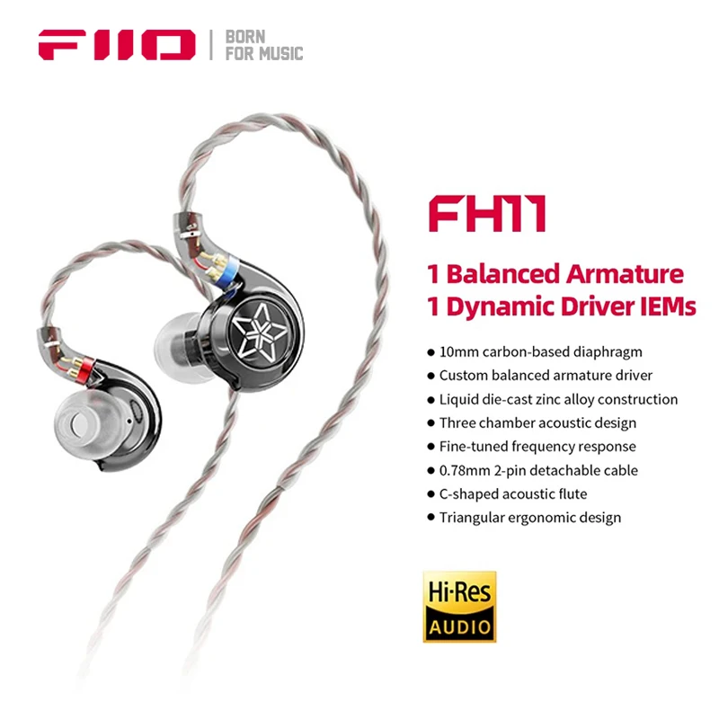 FiiO FH11 Earphone Hybrid Driver in-ear Wired Headphones Hifi High Quality Earbuds with Detachable 0.78 2Pin Cable Headset Gamer