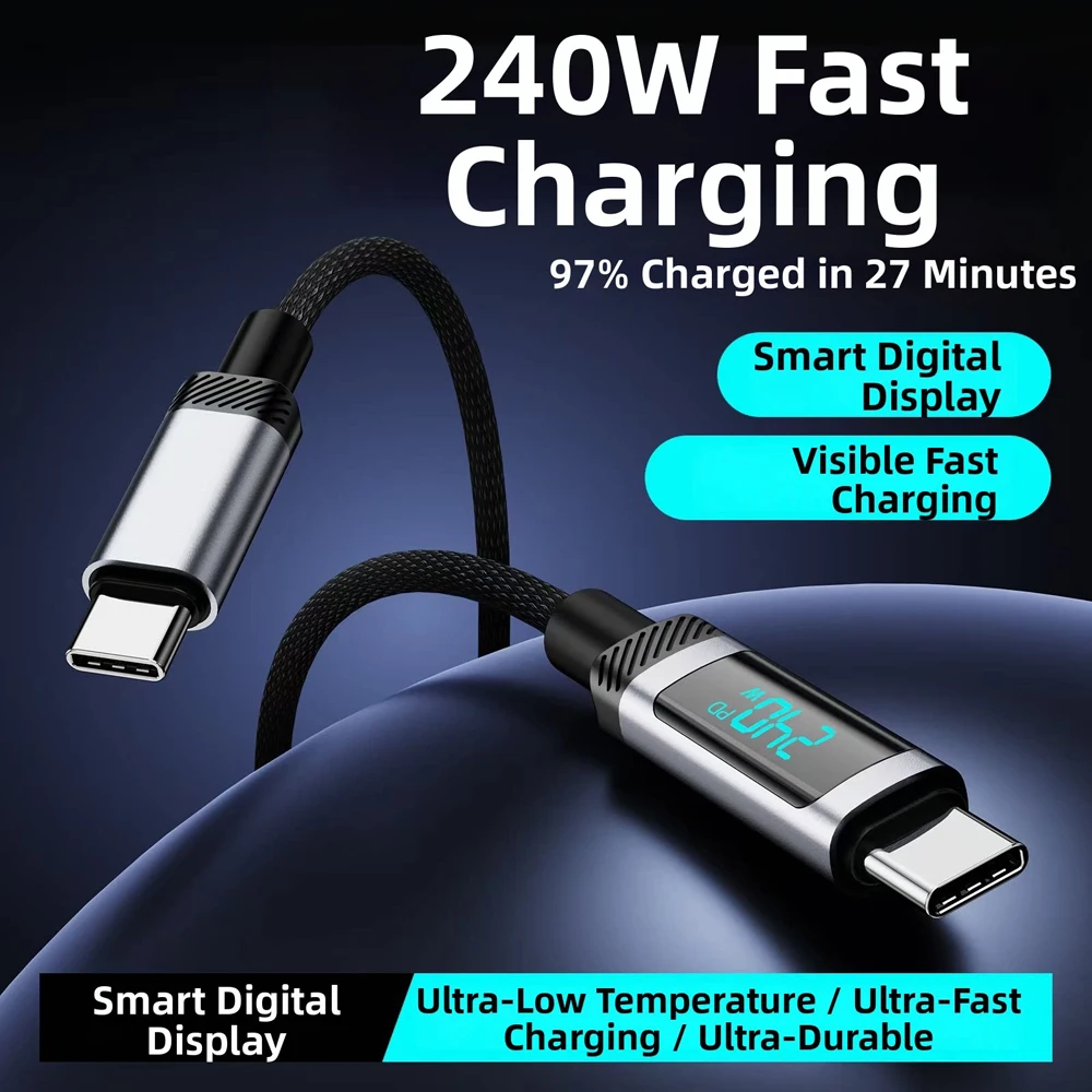 240W Digital Display USB C to Type C Super Charging Data Cable For Iphone 15 16 17 Air Pro Max Samsung S24 S25 S26 Huawei Xiaomi