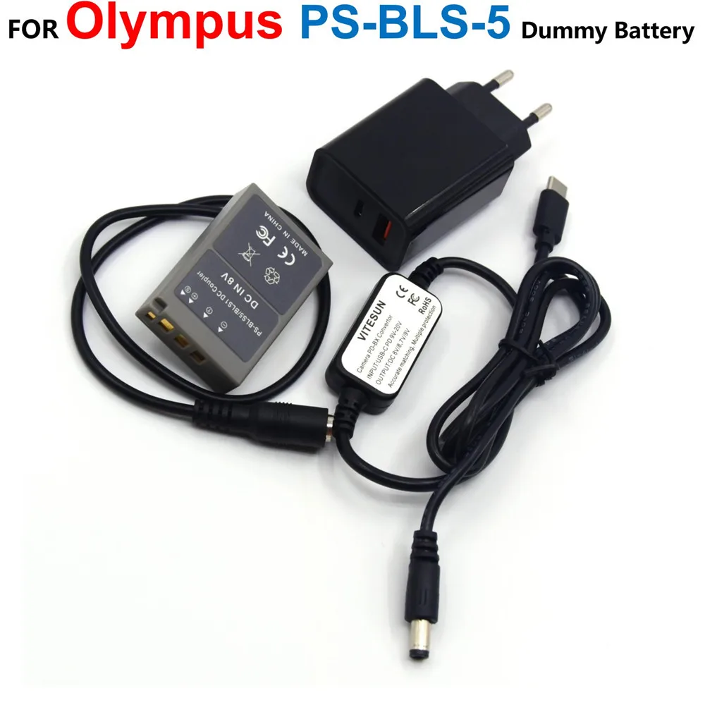 PS-BLS-5 Dummy Battery BLS5 Couper+USB Type-C Power Bank Cable +PD Charger For Olympus OM-D E-M10 E-M10 Mark II III E-PL7 E-PL5