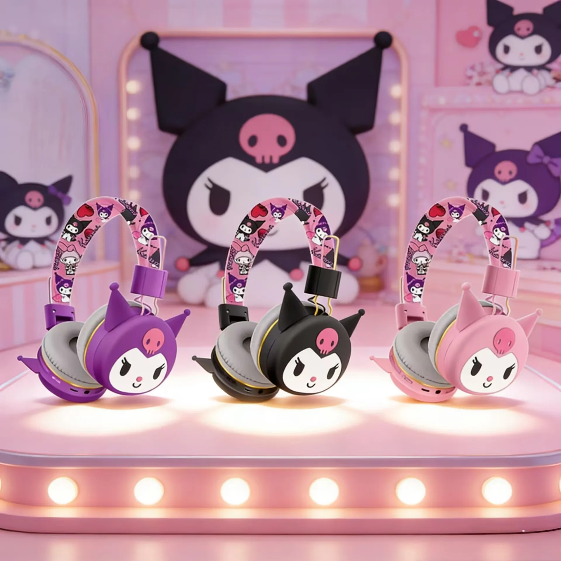 Sanrio Kuromi Bluetooth Headphone Wireless Headsets Cartoon with Mic Foldable Lightweight Earphone for Phones Laptop