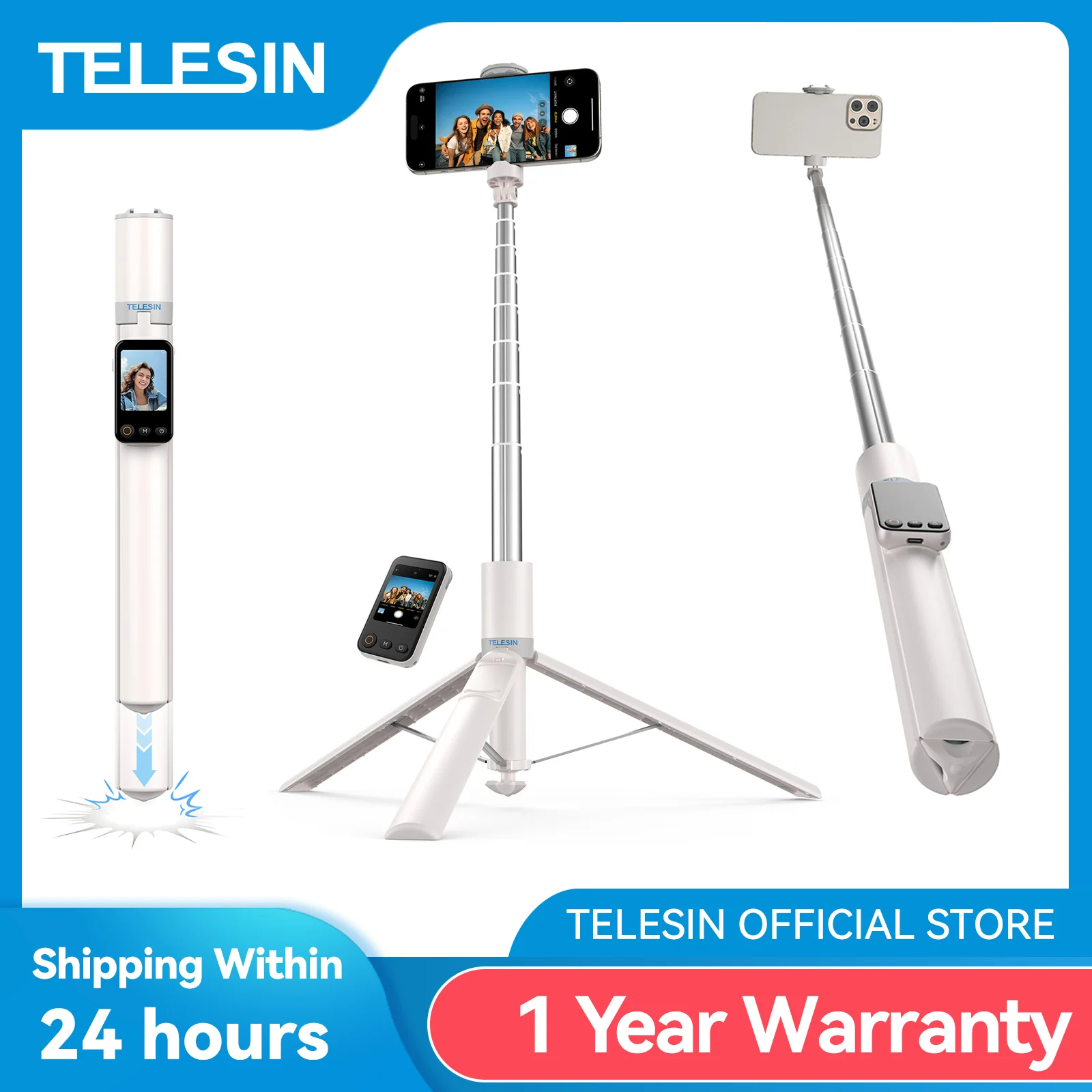 TELESIN 1.7M Screen Monitor Remote Control Wireless Bluetooth Selfie Stick Tripod For Smart Phone Iphone SAMSUNG XIAOMI HUAWEI
