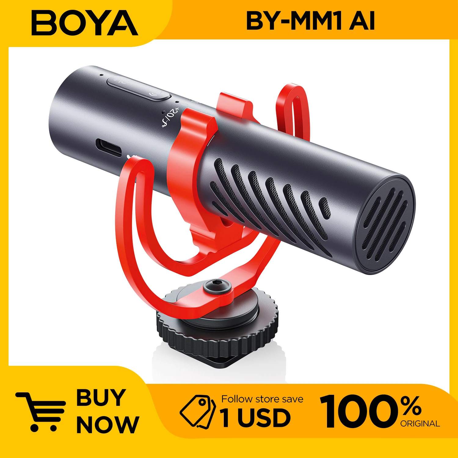 BOYA MM1 AI Supercardioid Shotgun Microphone for iPhone Android Cameras PC for Vlogging, Gaming Streams, and Interviews