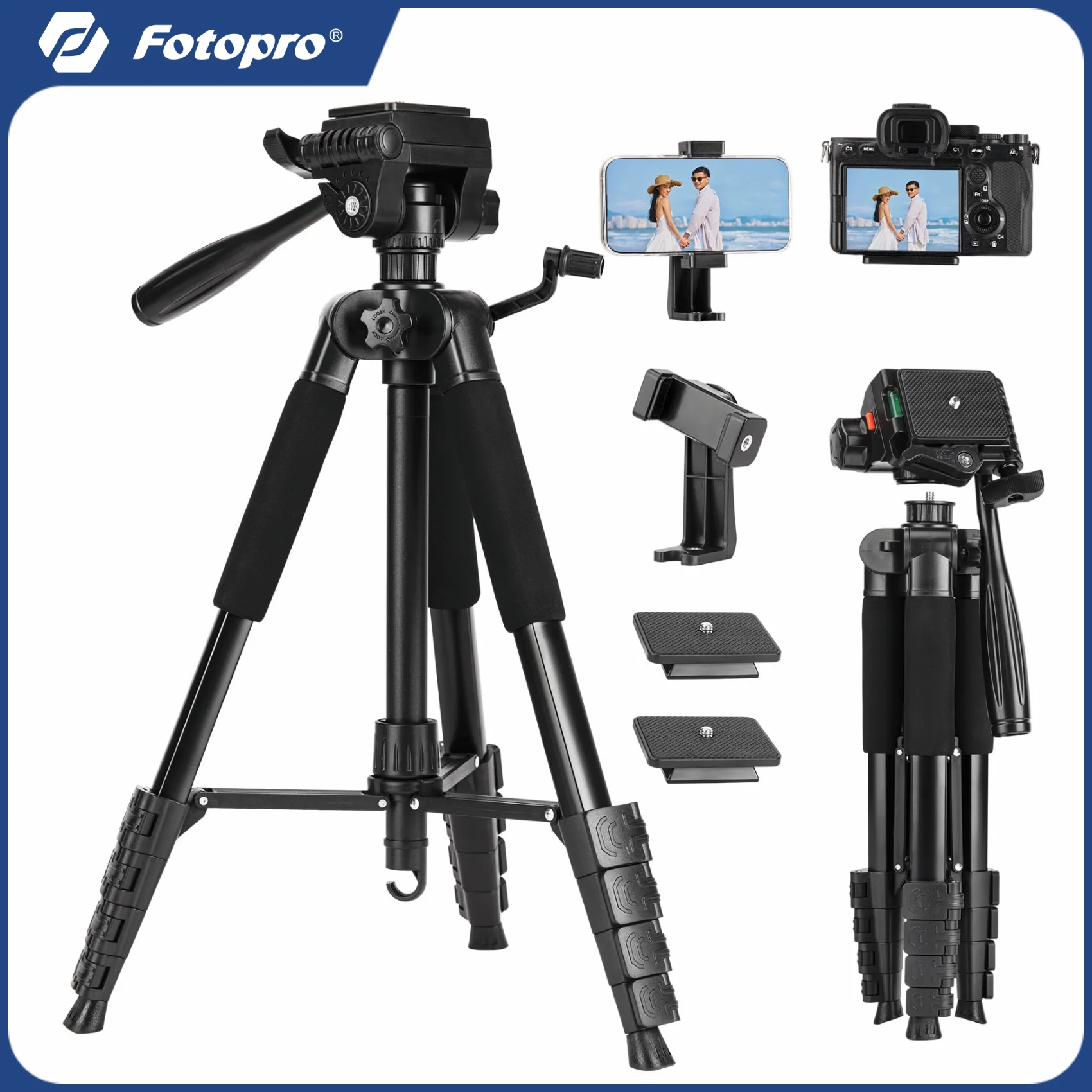 Fotopro 175cm Camera Tripod Aluminum Travel Tripod Stand with 3-Way Head Phone Holder for Canon Nikon Sony Photography DIGI-9700